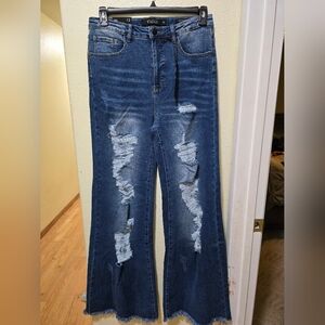 Lucky & Blessed Flare Distressed Blue Jeans